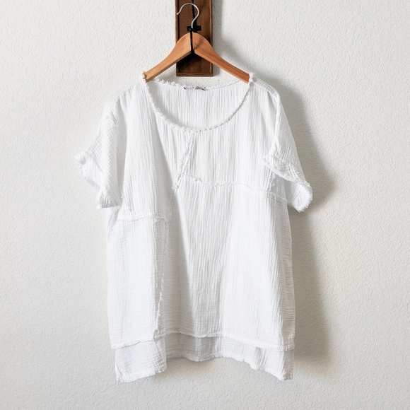 Tempo Paris Tops - Tempo Paris White Cotton Gauze Short Sleeve Tunic Size Med